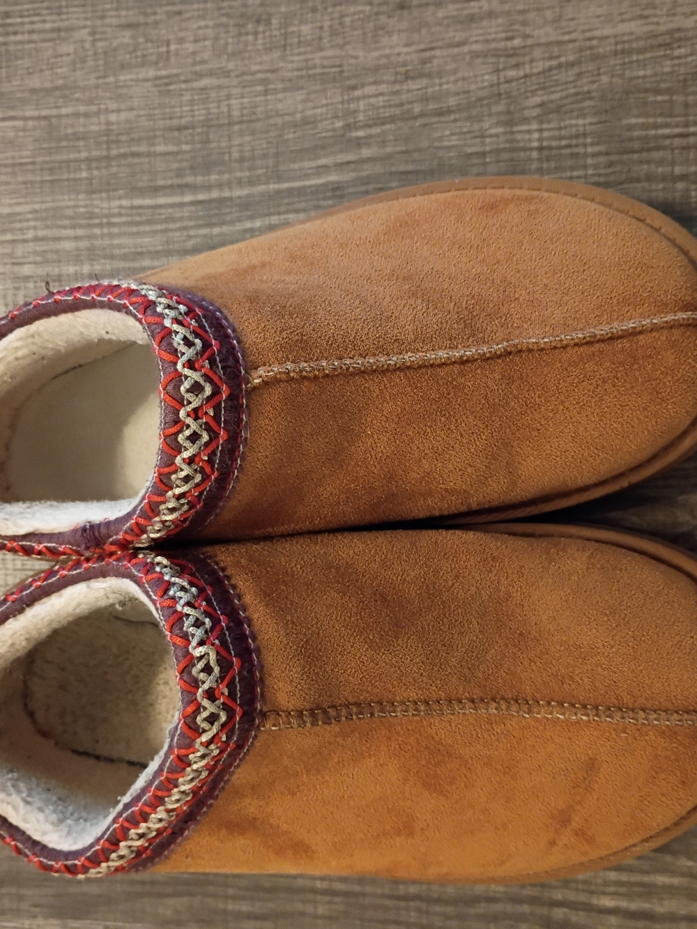 Kids Cozy Tan Suede Slip-On Slippers with Decorative Trim